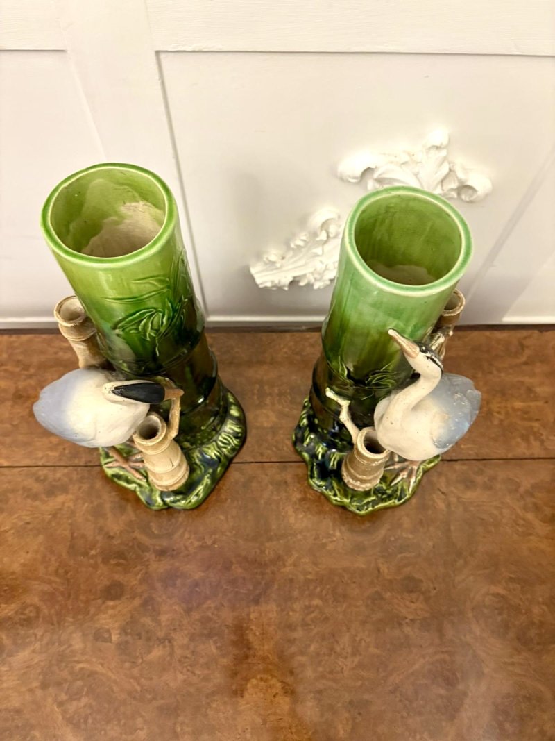 Antique Pair of Victorian Bretby Art Pottery Bamboo and Stork Vases - Image 3